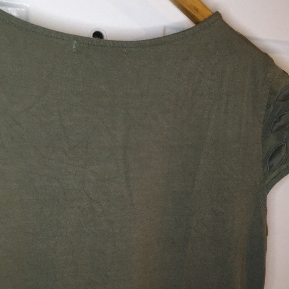 H&M Olive Green Mesh Embroidered Leaves Cap Sleeve Top Army Green Blouse Lace - Picture 7 of 7